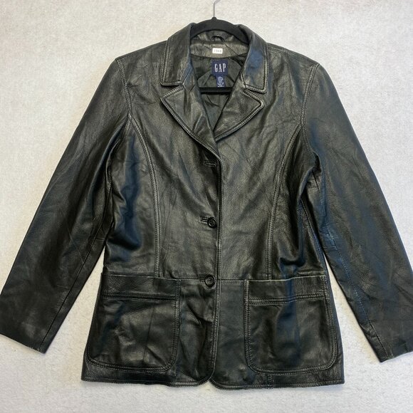 GAP Jackets & Blazers - Vintage GAP Jacket Womens M Black Leather Blazer Coat Notch Lapel Y2K Work